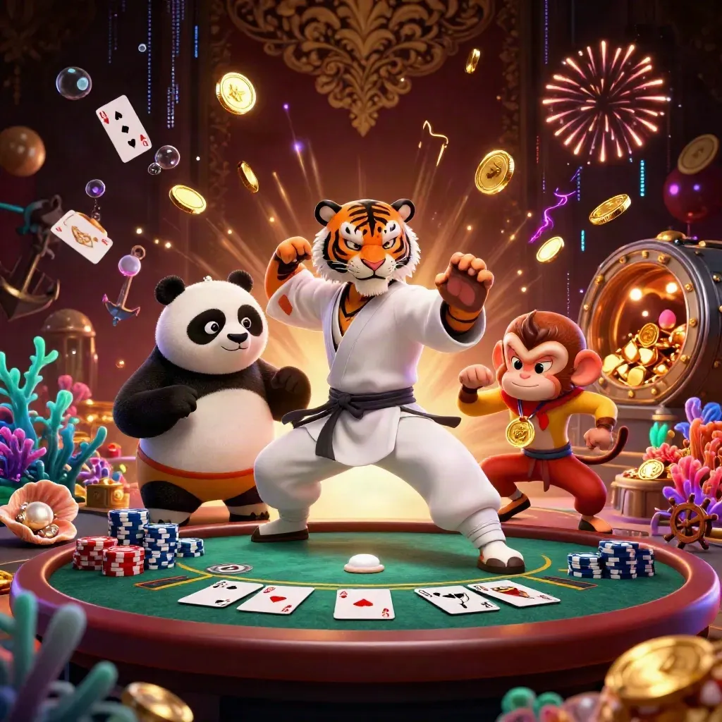 Tiger, panda, and monkey amid coin rain, poker chips, and underwater treasure in neon casino glory.
