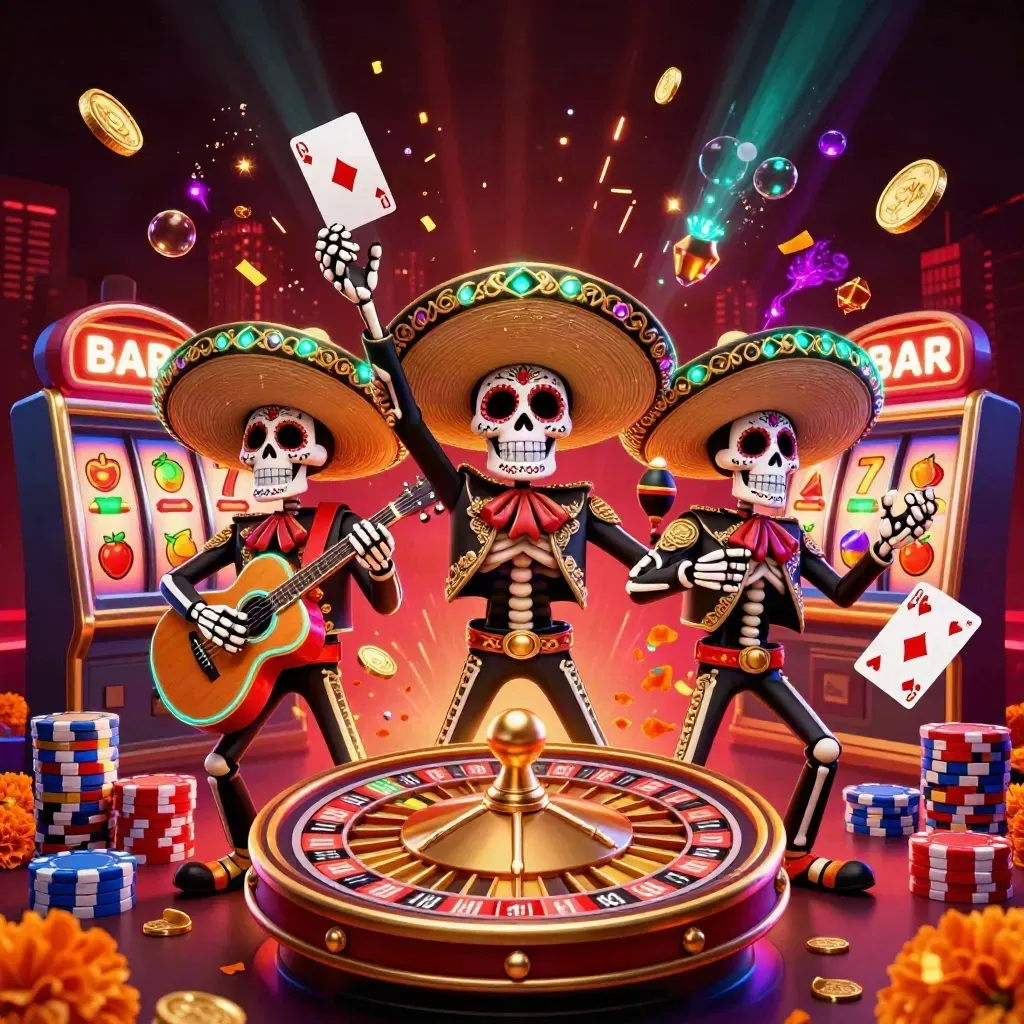 Skeleton mariachi trio amid coins, cards, chips, and a spinning roulette wheel