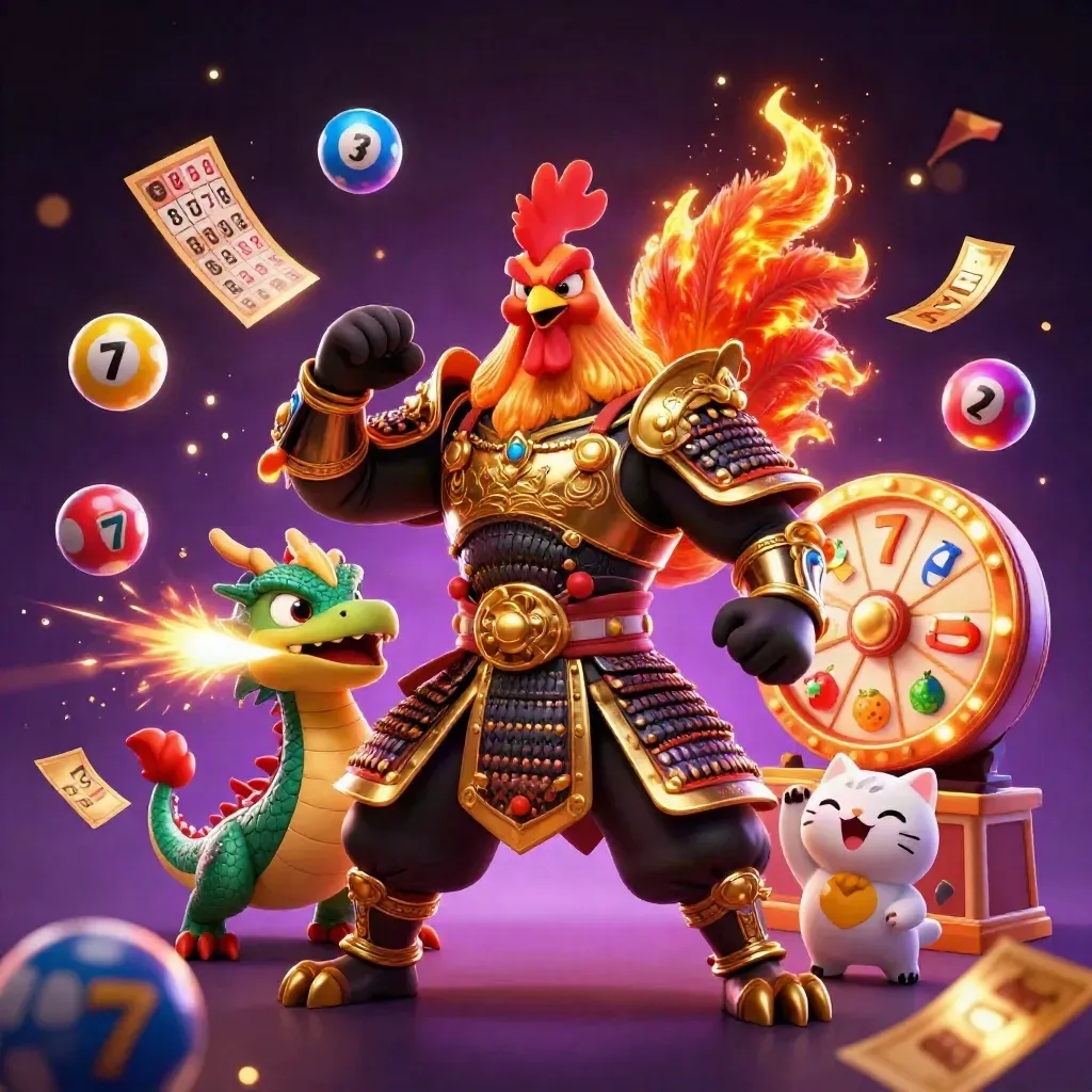 Rooster warrior, dragon hatchling, and fortune-cat amid casino sparks and jackpot effects.