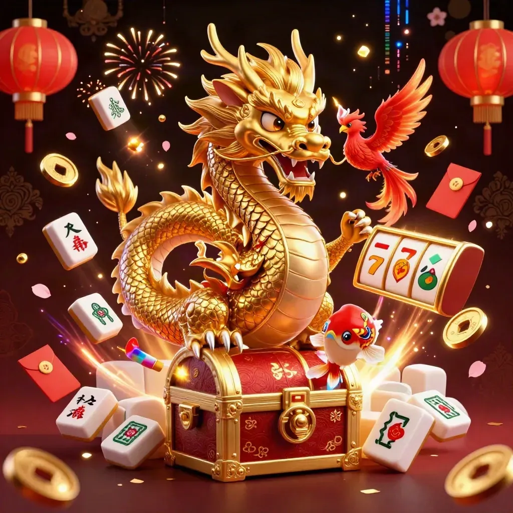 Golden dragon, phoenix, and koi bursting around poker jackpots on a dark luxe casino backdrop.