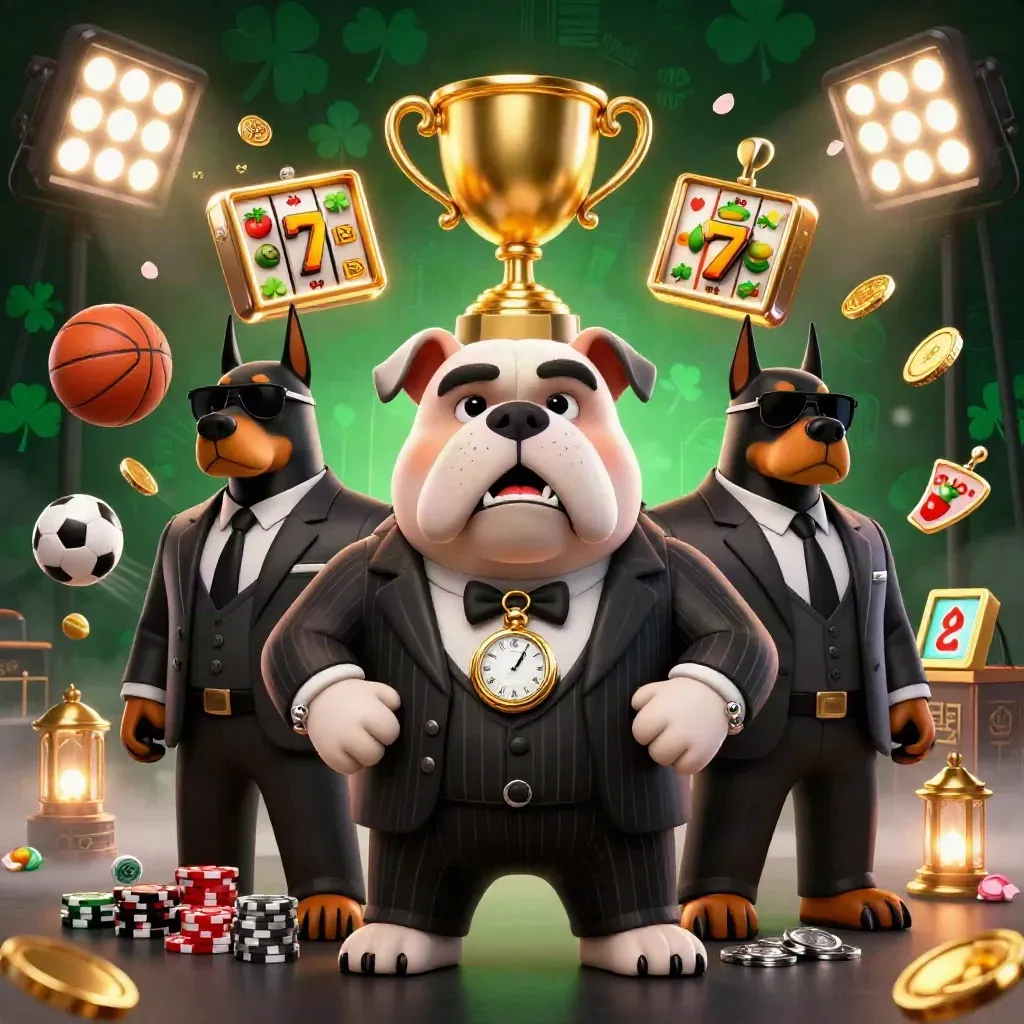 Mafia bulldog and Doberman bodyguards with flying sports balls, jackpots, and casino lights