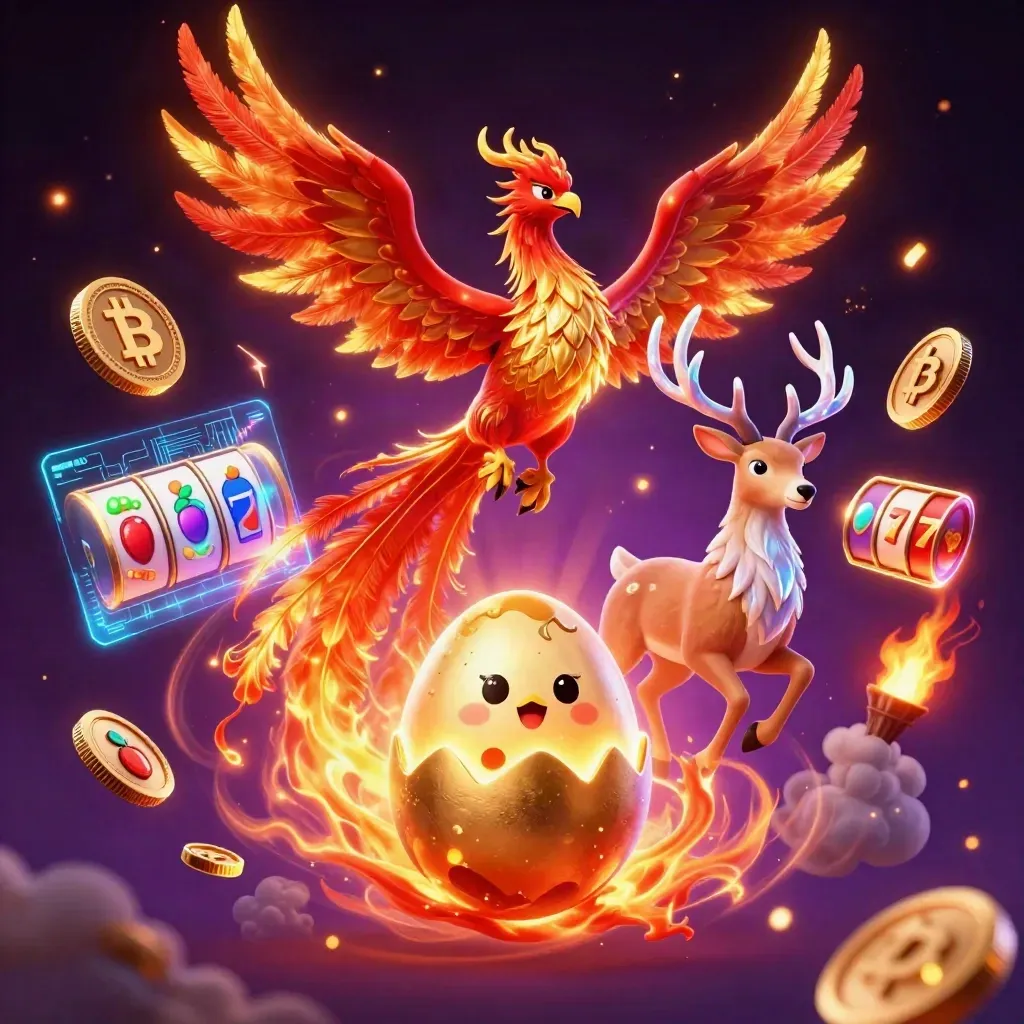 Phoenix, hatching baby phoenix, and crystal stag amid neon casino jackpots and coins