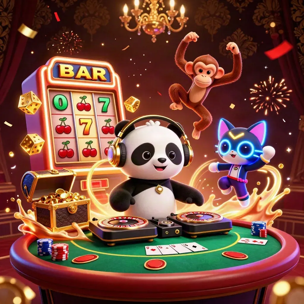 DJ panda, breakdancing monkey and rave kitten amid jackpot slots and poker chips.