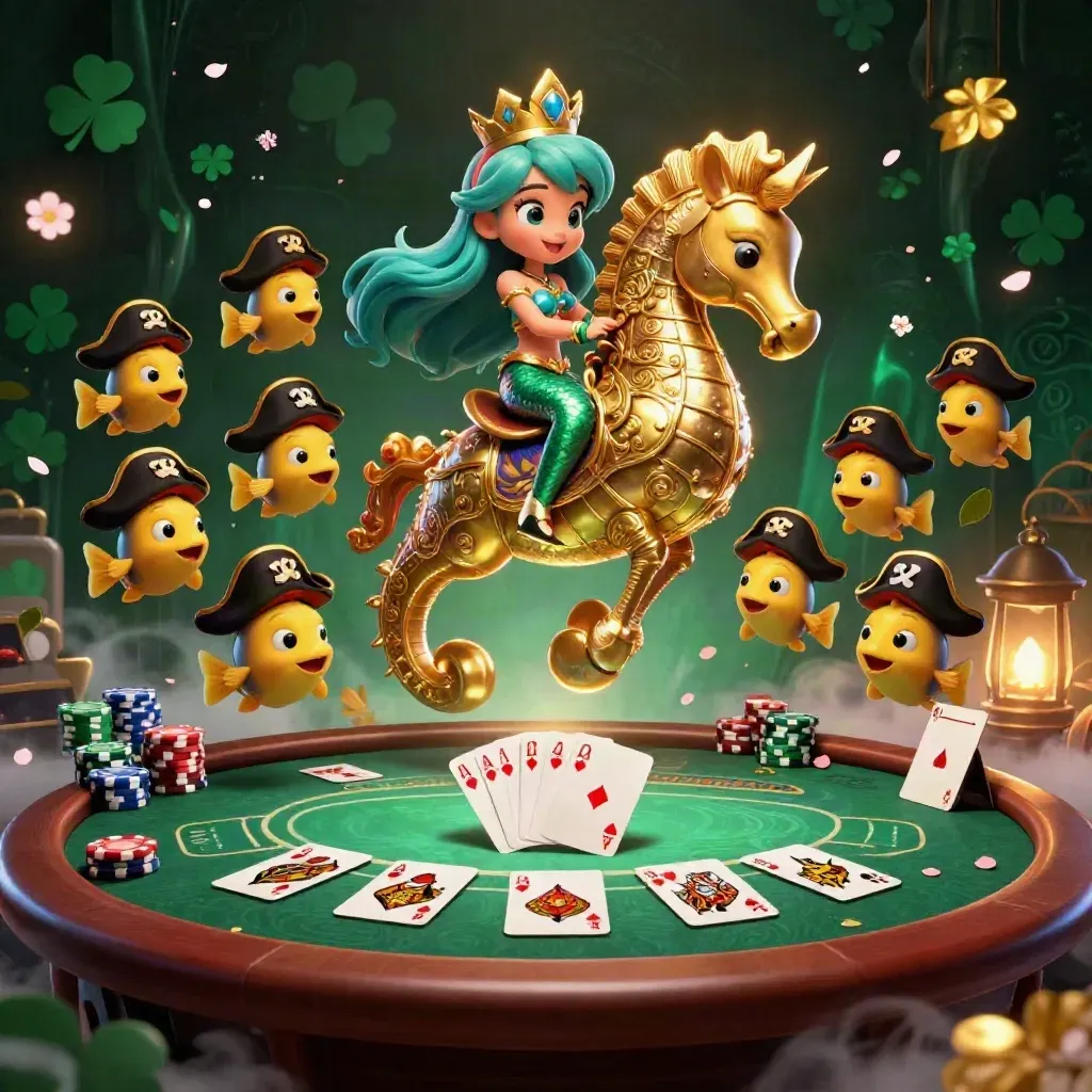 Mermaid princess on a gold seahorse with poker chips, cards, and pirate fish in neon casino lighting.
