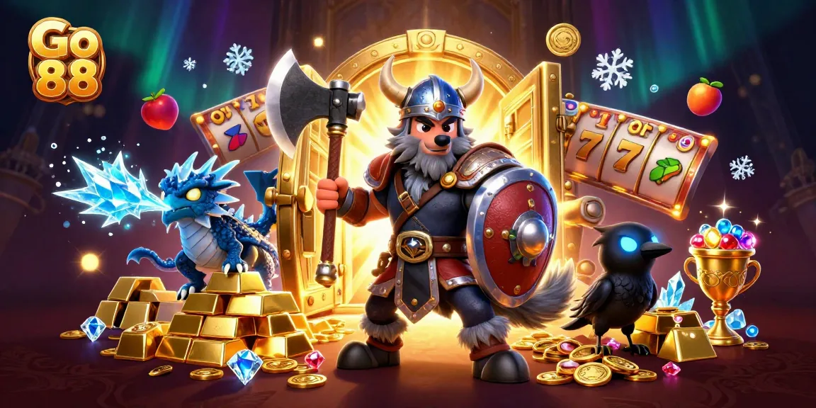 Experience the excitement of Go 88 with a dynamic scene featuring a Viking wolf warrior, dragon, and magical treasures.