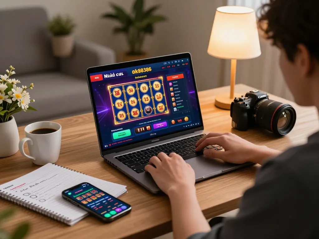 Engaging scene illustrating a player utilizing Nhà cái ok88386 on a laptop, surrounded by gaming strategies.