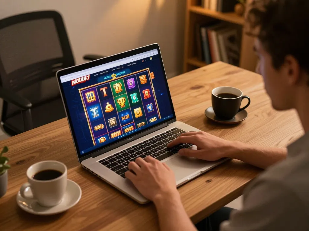 Player engaging with vibrant slot games on the NET88 platform, showcasing online gaming excitement.