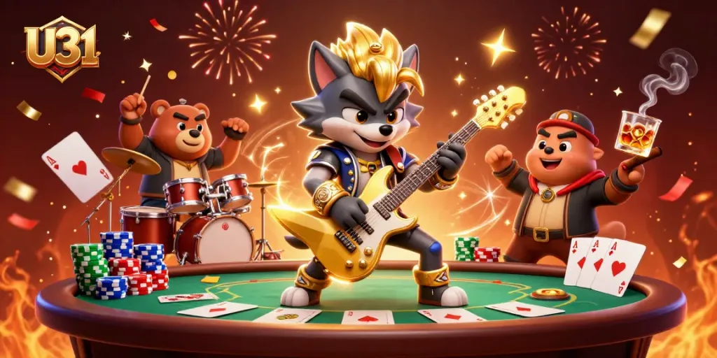 U31 casino illustration featuring a rock star wolf playing guitar on stage surrounded by poker elements.