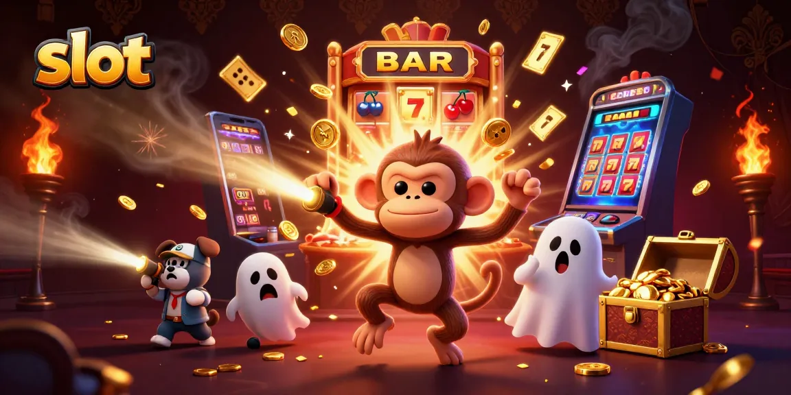 Witness a playful poltergeist monkey juggling coins and chips in a lively slot casino scene.
