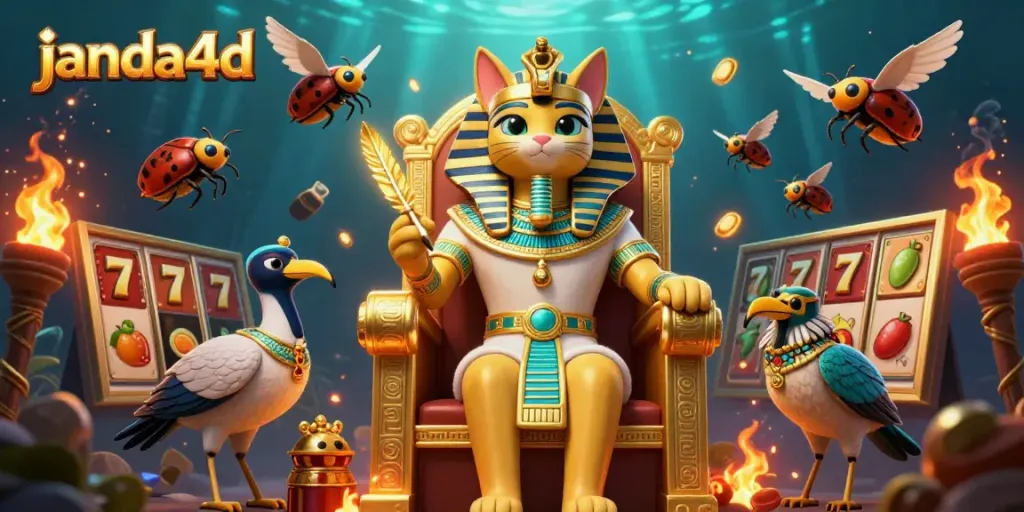 Visualisasi kasino online janda4d dengan simbol slot, patung firaun, dan efek visual yang menarik.