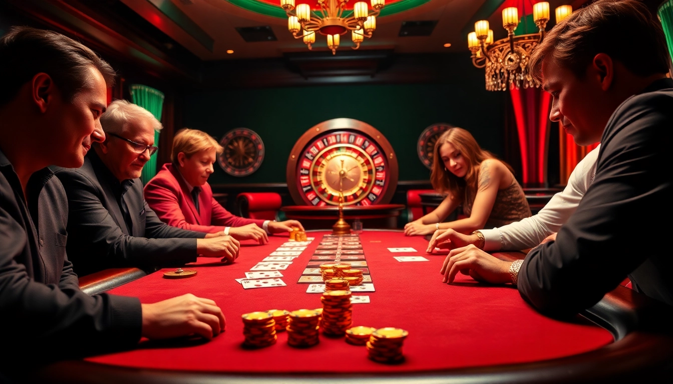 Go 8 players enjoying a high-stakes poker game with luxurious setting and vibrant atmosphere.