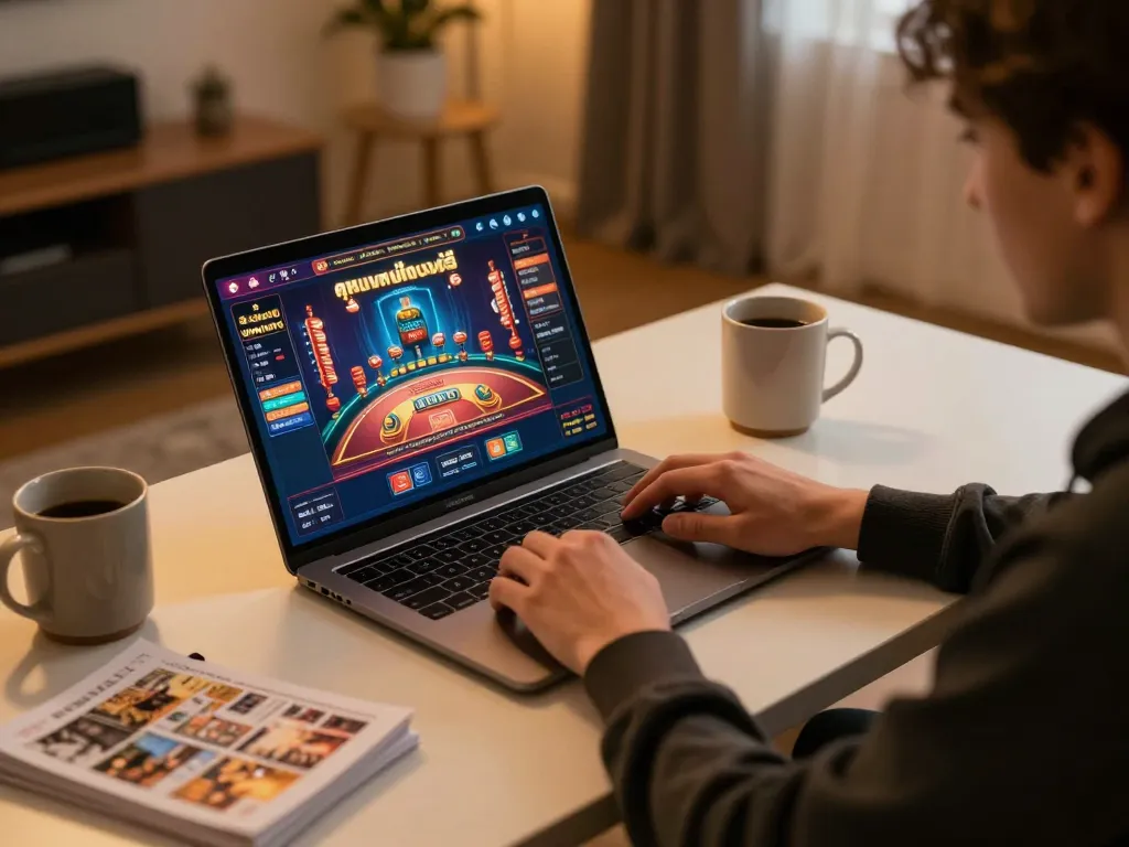 Engaging home setup for online ดูหนังออนไลน์ฟรี gaming, featuring casino interface and cozy atmosphere.