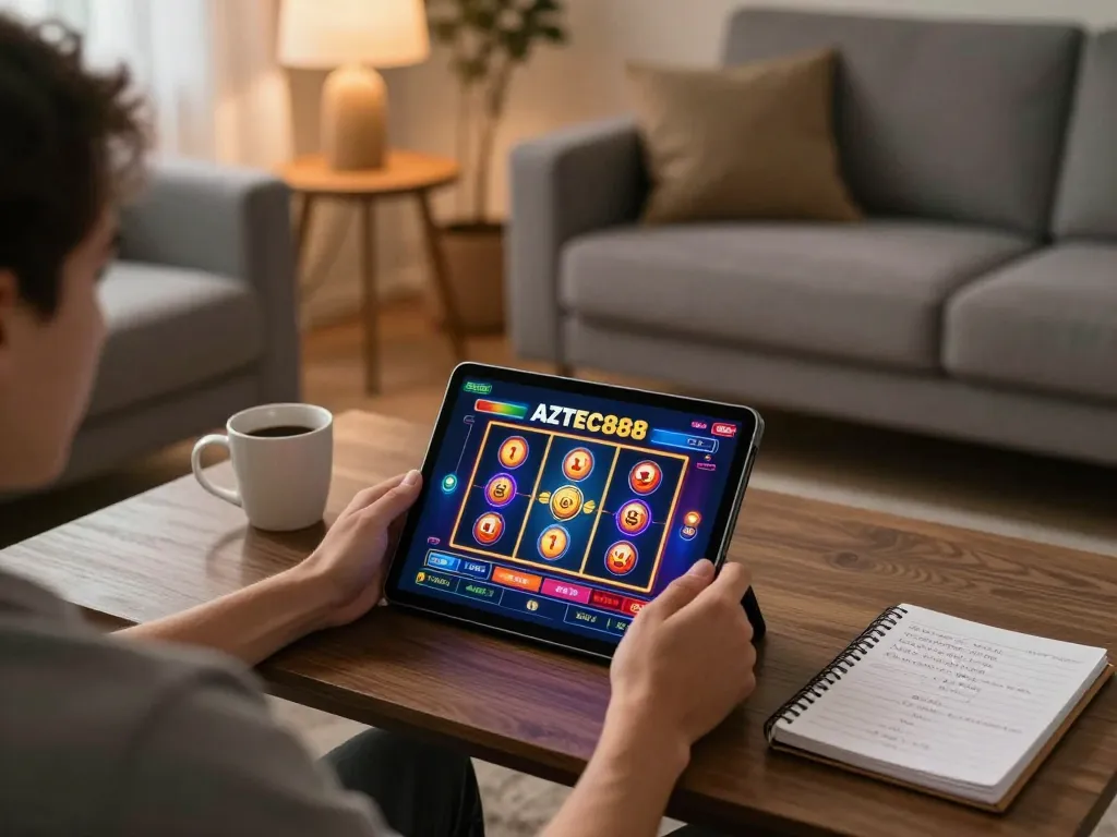 Engaged player exploring the AZTEC888 online casino on a tablet from a cozy home setting.