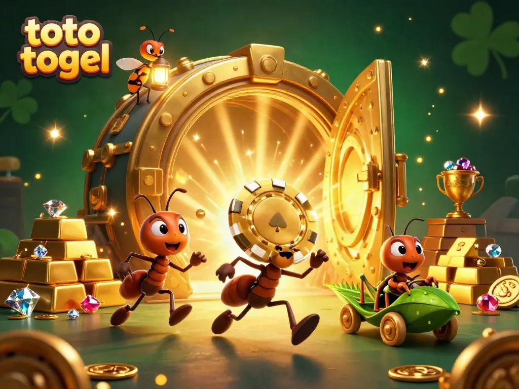 Ants in a heist carrying a giant poker chip, illustrating the excitement of toto togel gaming.