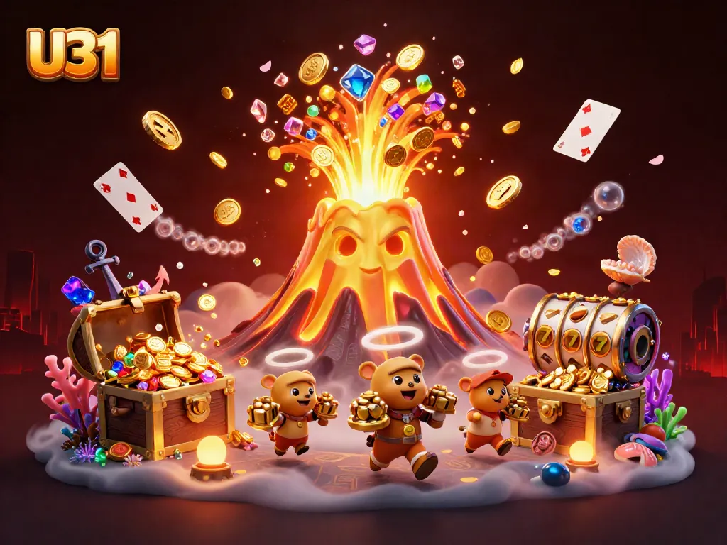 Experience the thrill of U31 with this dynamic illustration depicting a golden volcano and treasure!