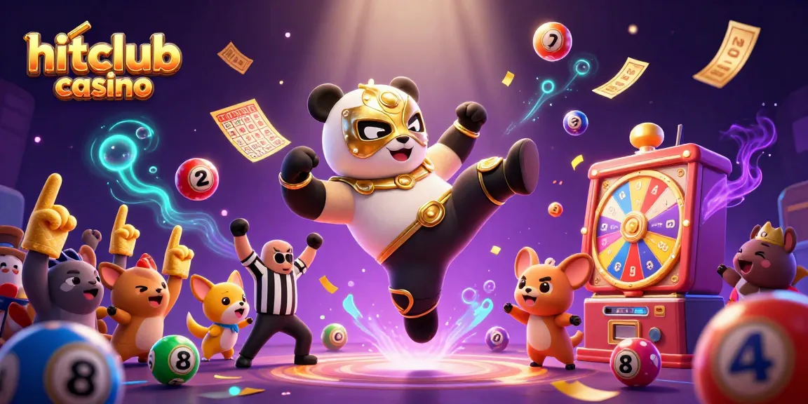 Engage in hitclub casino excitement with a wrestler panda flying kick amidst a lively scene of colorful game elements.