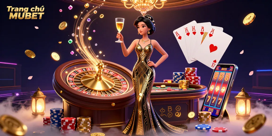 Engage with Trang chủ MUBET's glamorous casino scene featuring an elegant Asian woman, roulette, and casino elements.