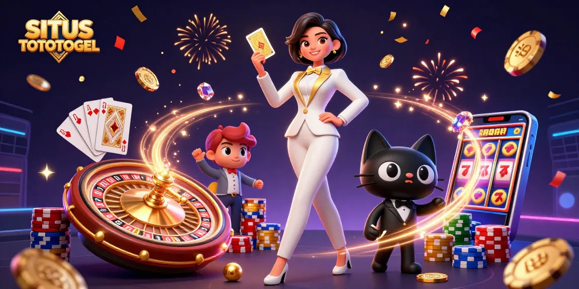 SITUS TOTOTOGEL showcases a glamorous woman and cartoon cat amidst a vibrant casino scene.