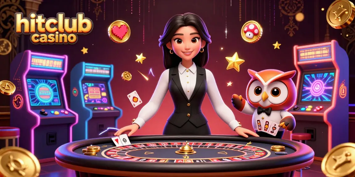 Join the excitement at hitclub casino with a lively scene featuring a dealer and fun gaming elements.