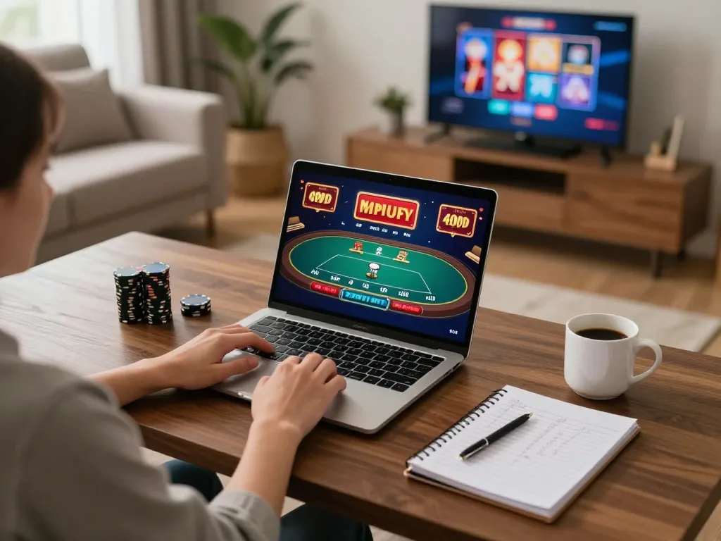 Player enjoying online games at 789club, focused on poker with strategy notes nearby