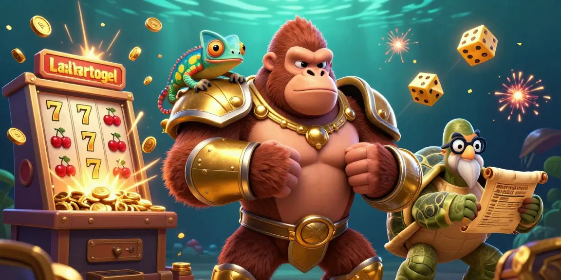 Laskartogel's vibrant gaming world comes alive with a majestic gorilla, a chameleon spy, and a wise tortoise surrounded by slot action.