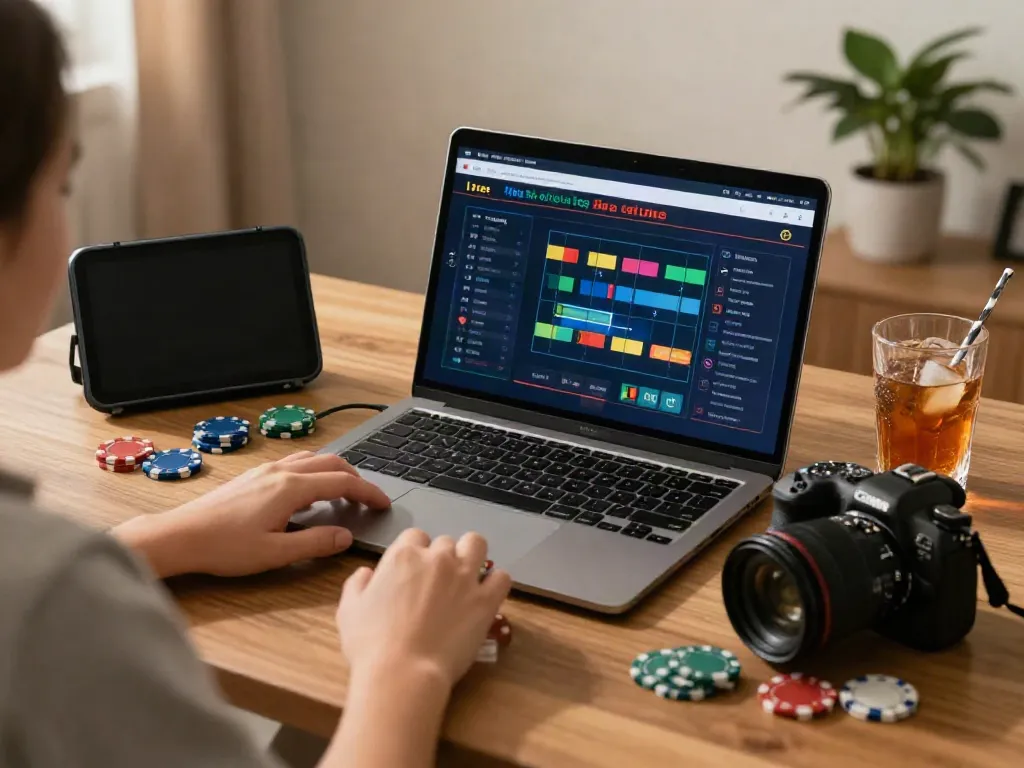 A vibrant online gambling setup showcasing akunjp experience with gaming accessories and cozy ambiance.