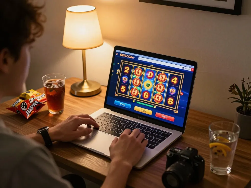 IDNSCORE player engaging with thrilling online slots in a cozy home environment