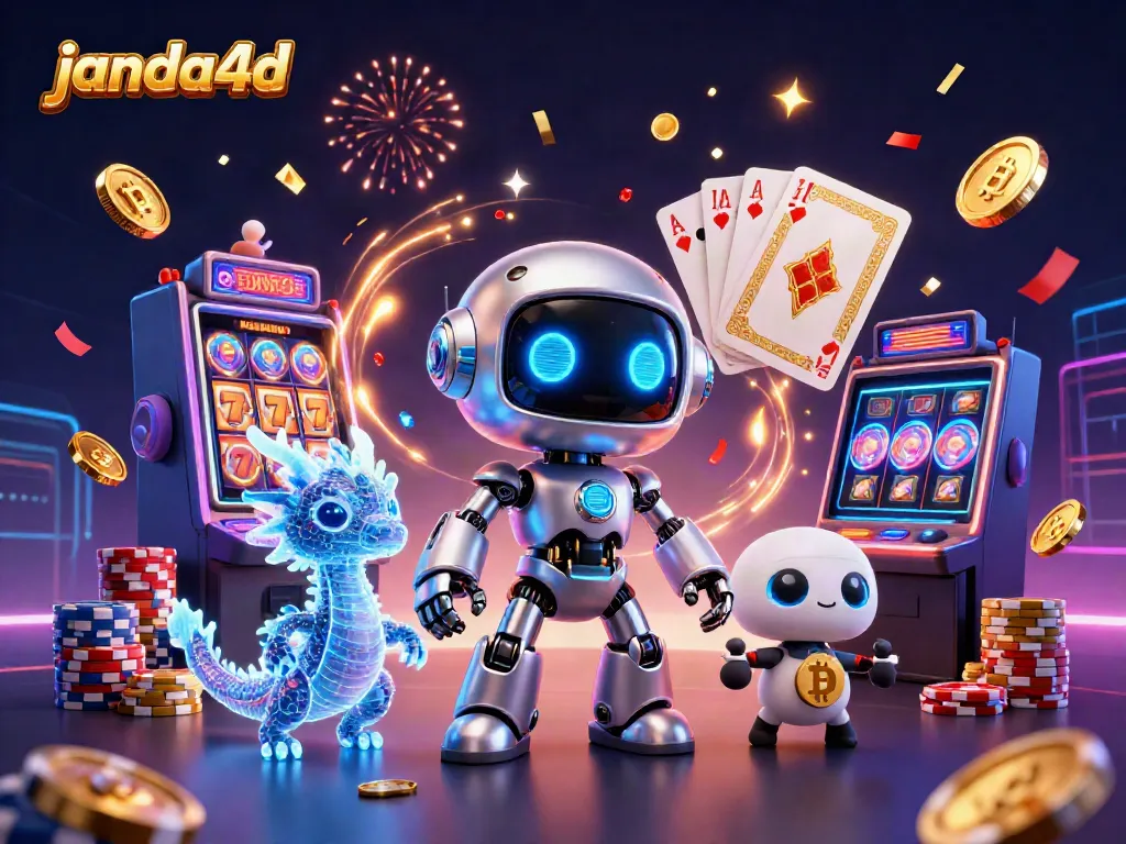 Janda4d: Robot cyberpunk dan naga hologram di dunia kasino yang penuh gemerlap.