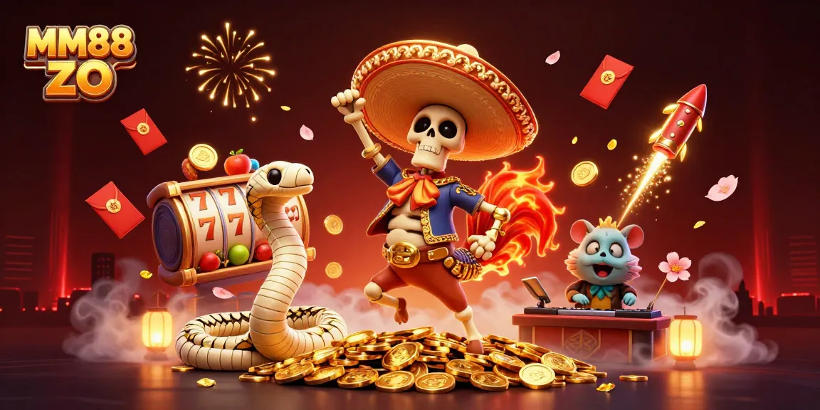 Engage in the thrilling world of MM88 ZO with a vibrant 3D casino scene featuring a celebratory mariachi rooster.