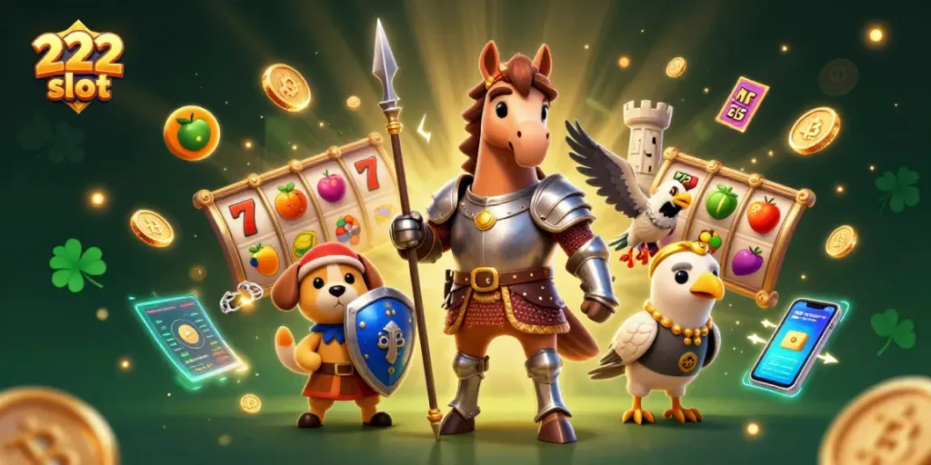 Pemain beruntung di 222 Slot meraih jackpot dengan simbol slot dan uang crypto yang mengelilingi mereka.