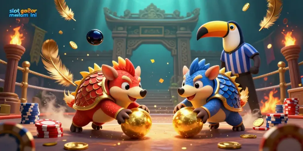 Experience slot gacor malam ini as rival pangolins compete in a vibrant casino scene filled with gold and excitement.