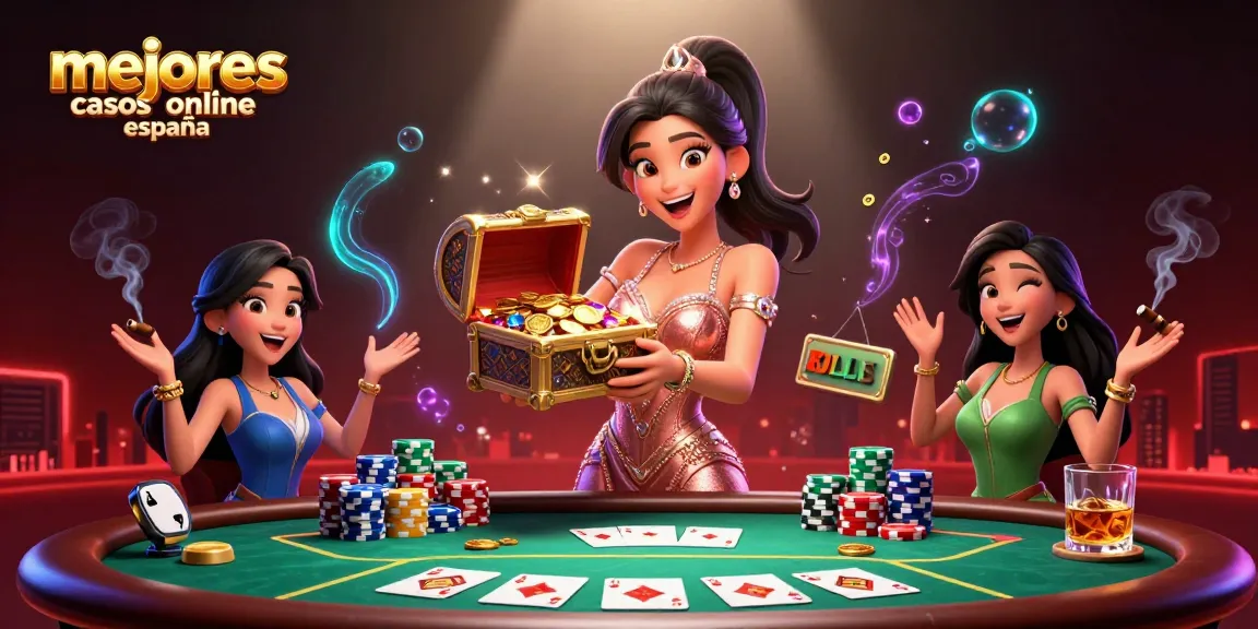 Engage with mejores casinos online españa featuring a joyful Asian woman with a treasure chest, golden coins, and dynamic poker elements.