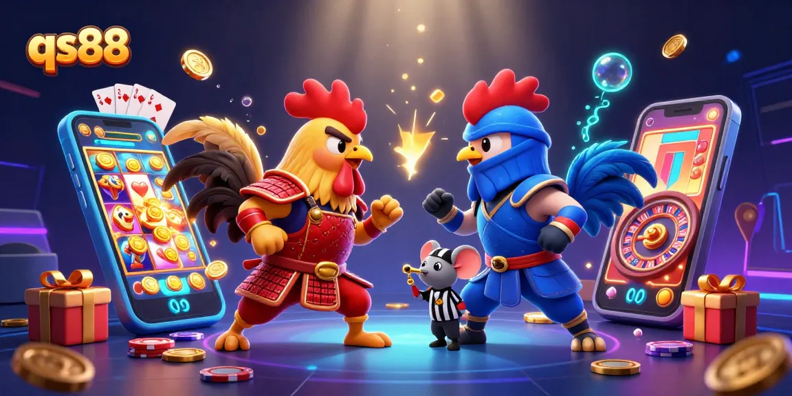 Experience thrilling cockfighting action in qs88's vibrant online casino atmosphere with dynamic 3D elements.