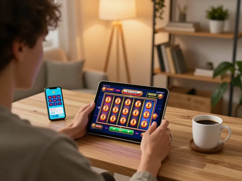 Person engaging in online gambling on tablet with lsa slot game interface readily visible in a cozy home setting.