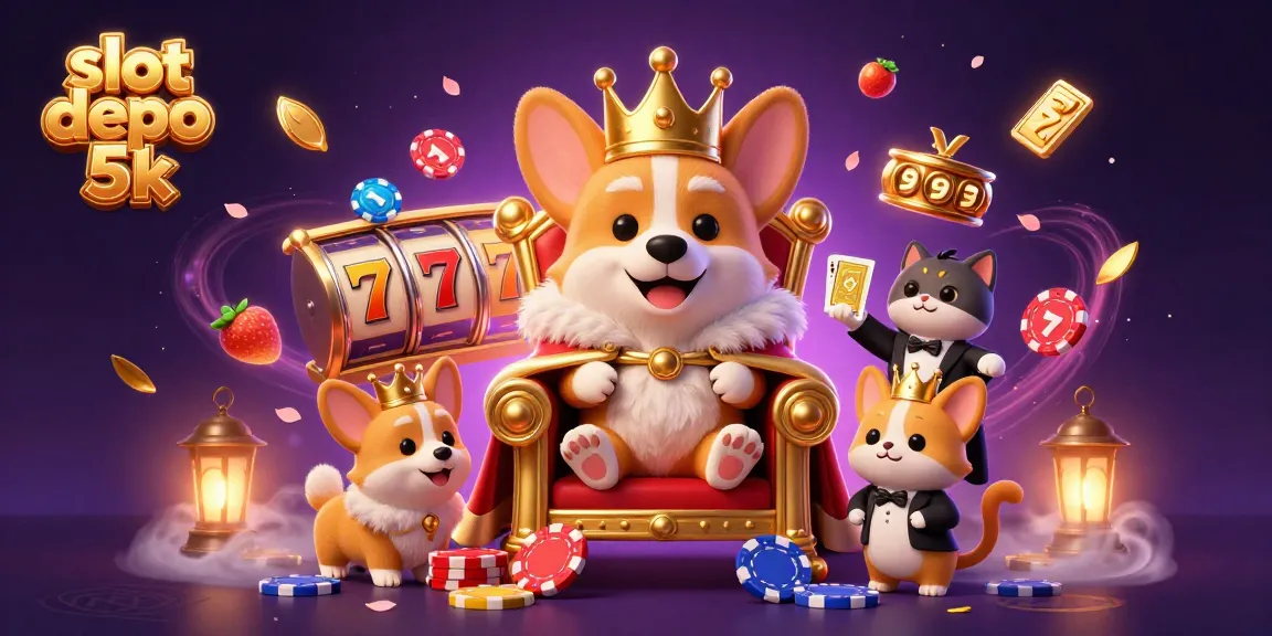 Experience the excitement of slot depo 5k with a corgi crowned and surrounded by slot reels and lucky symbols.