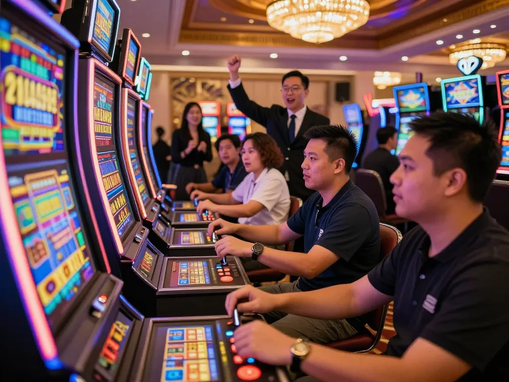 Rasakan sensasi slot gacor laoban188 dengan beragam pemain dan mesin berwarna-warni di suasana kasino yang meriah.