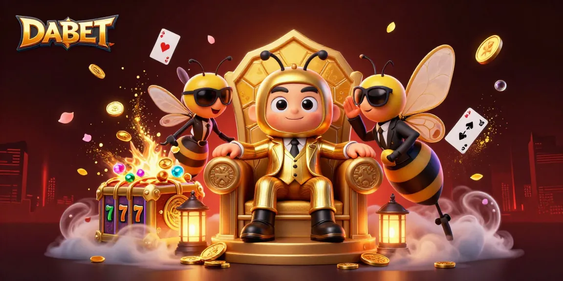 DABET showcases a bumblebee mob boss amidst vibrant casino elements and a lively atmosphere.