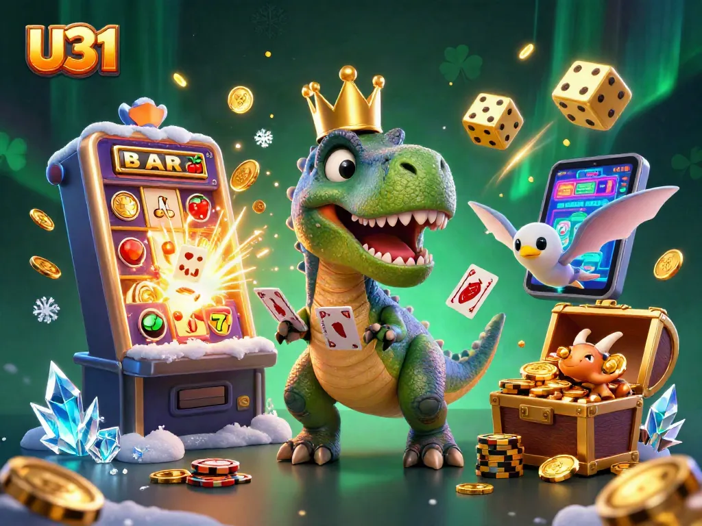 Engage with U31's dynamic casino world featuring a playful dinosaur handling cards and stacking chips.