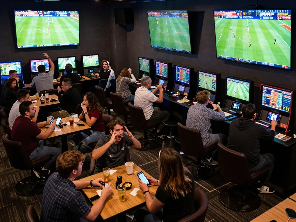 Fans engaged in sports betting at a lively Nowgoal lounge, cheering on live matches.