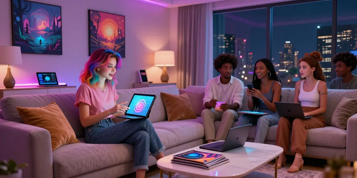 Immersive NSFW AI interaction in a cozy digital room with diverse avatars and ambient lighting.