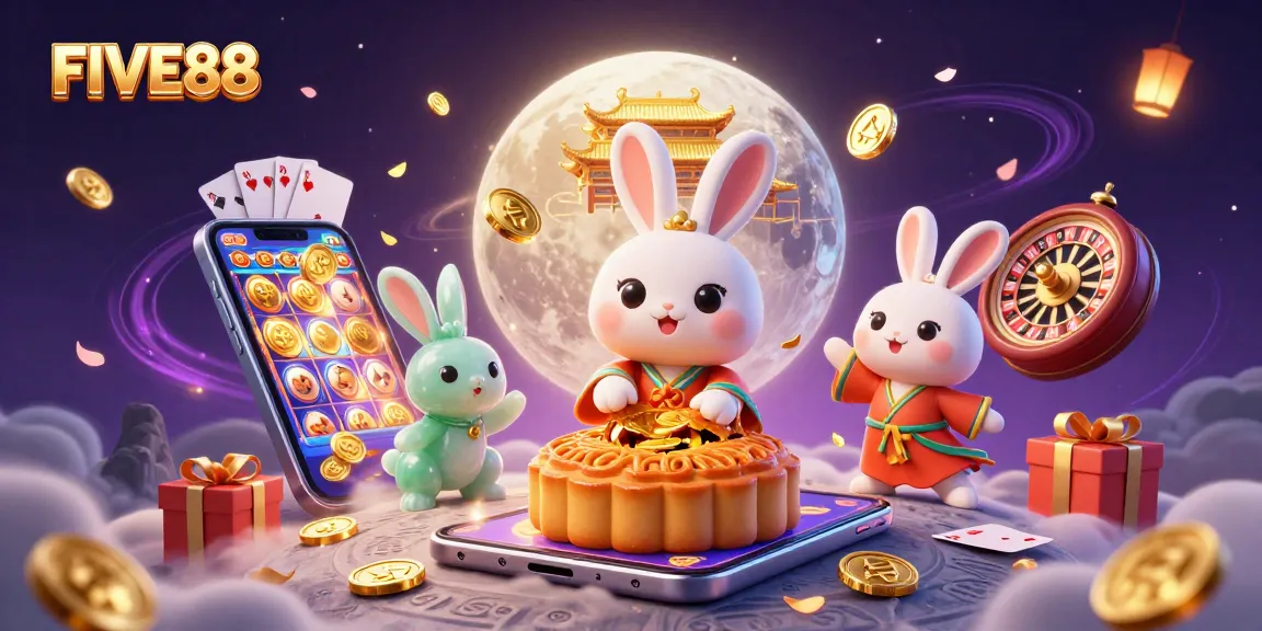 Engage with FIVE88's exciting slot games featuring a moon rabbit and golden treasures.