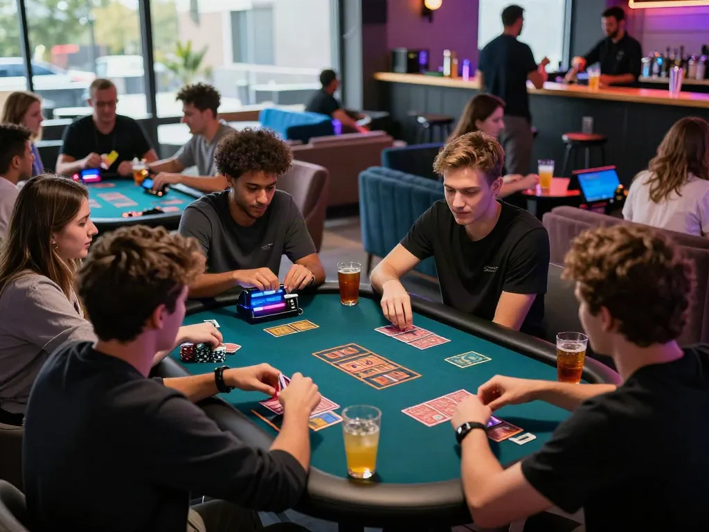 A diverse group enjoying a lively gambling atmosphere at akunjp lounge with games and drinks.