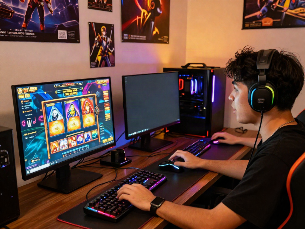 Engaged gamer playing situs slot gacor thailand on desktop with colorful graphics.