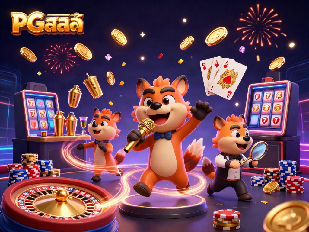 Experience the excitement of PG สล็อต with lively hyena characters in a vibrant casino scene.
