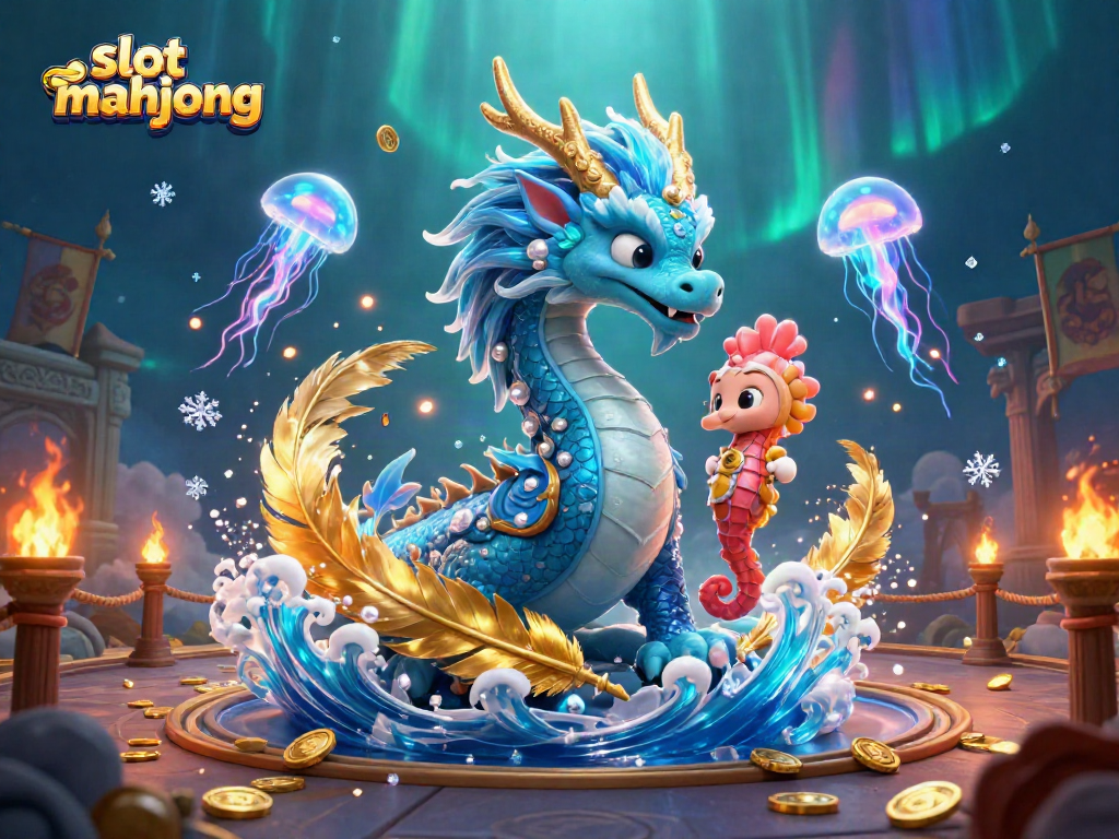 Experience the thrill of slot mahjong with vibrant elements, showcasing a dragon, seahorse knight, and neon jellyfish.