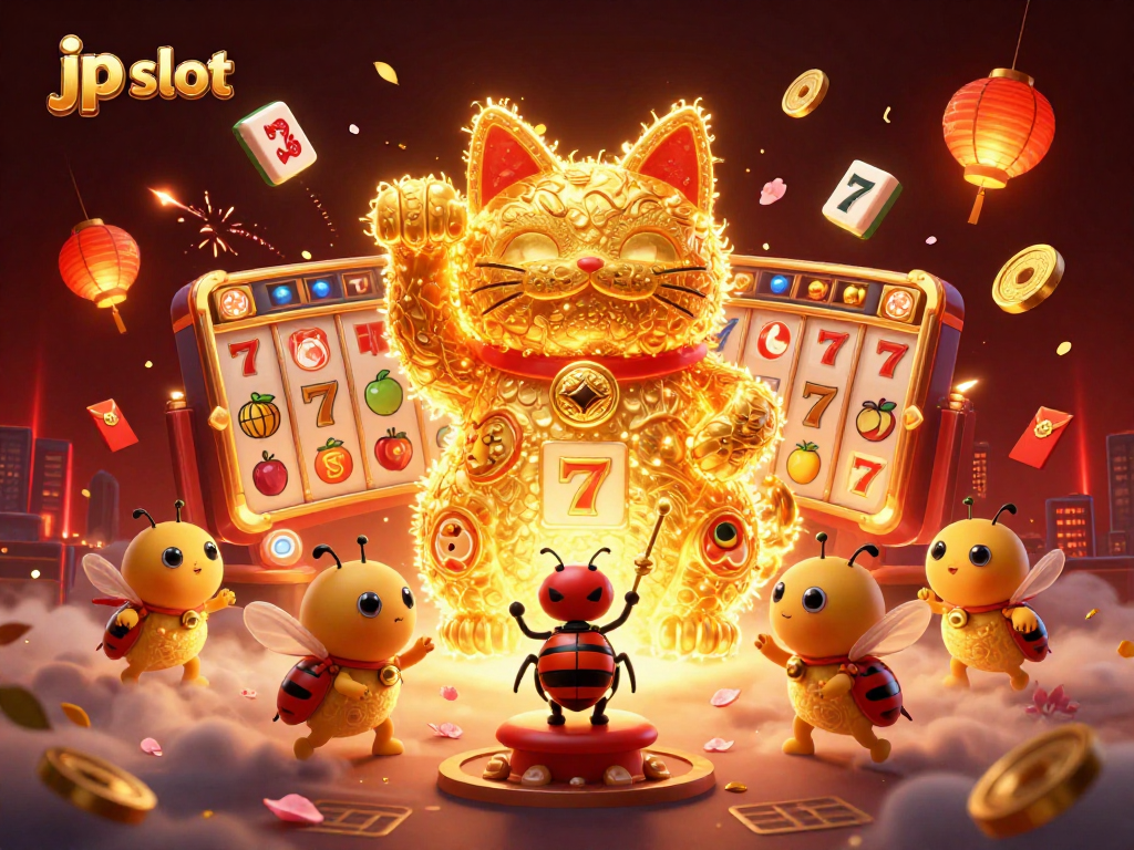 Spin big with jp slot as golden fireflies form a lucky cat amid vibrant casino symbols.