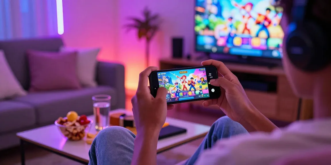 A person enjoying mobile hentai games on their smartphone in a cozy living room setting with colorful ambient lighting.