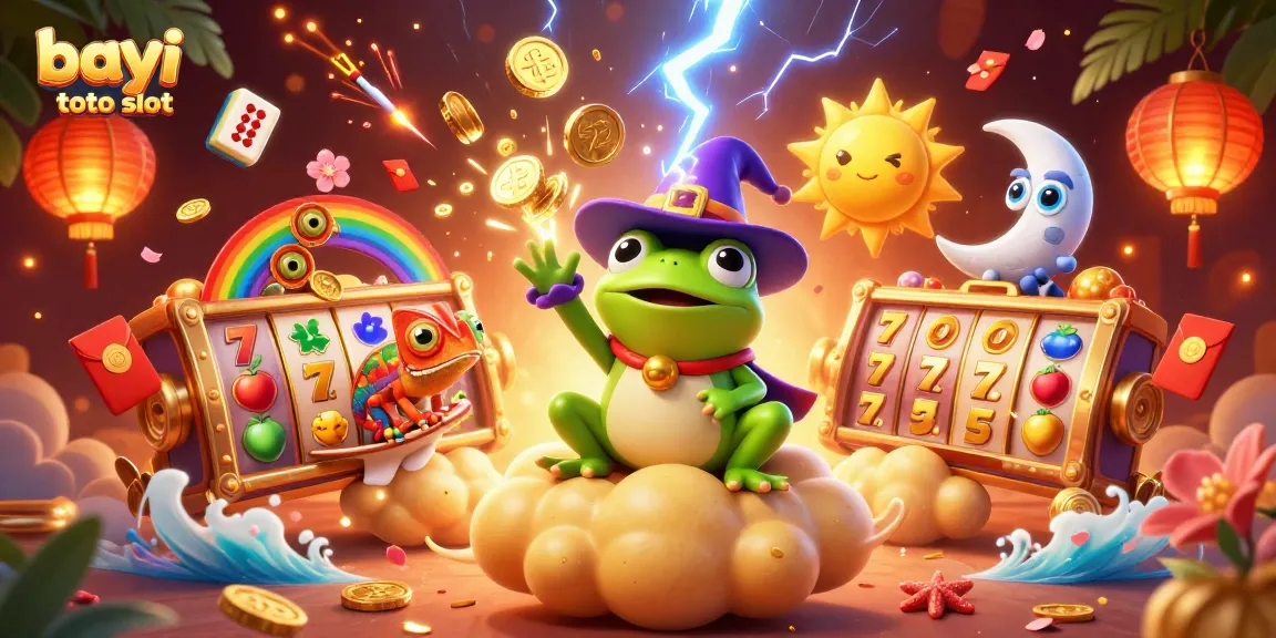 Win big with bayi toto slot featuring a storm of coins, vibrant colors, and dynamic casino elements.