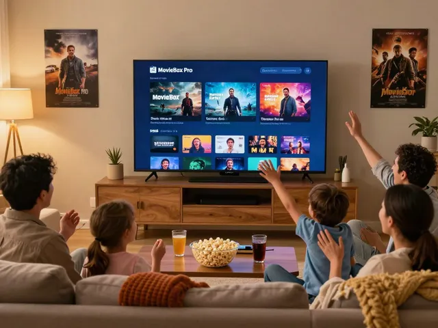 Family enjoying a movie night with the MovieBox Pro app official website on a big screen TV.
