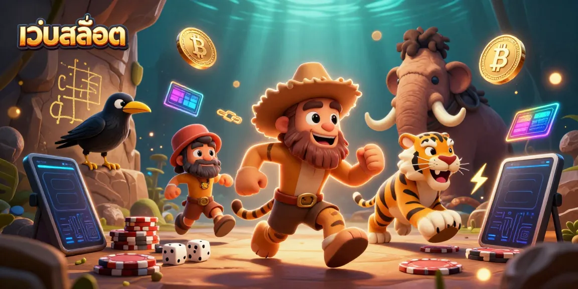 Experience the excitement of เว็บสล็อต with a dynamic casino scene featuring a prehistoric theme and crypto elements.